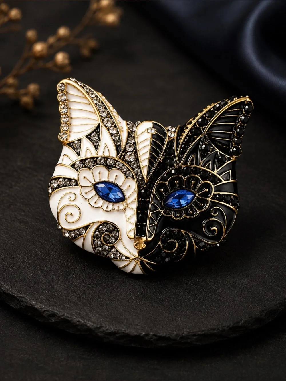 Black White Cat Mask Crystal Brooch
